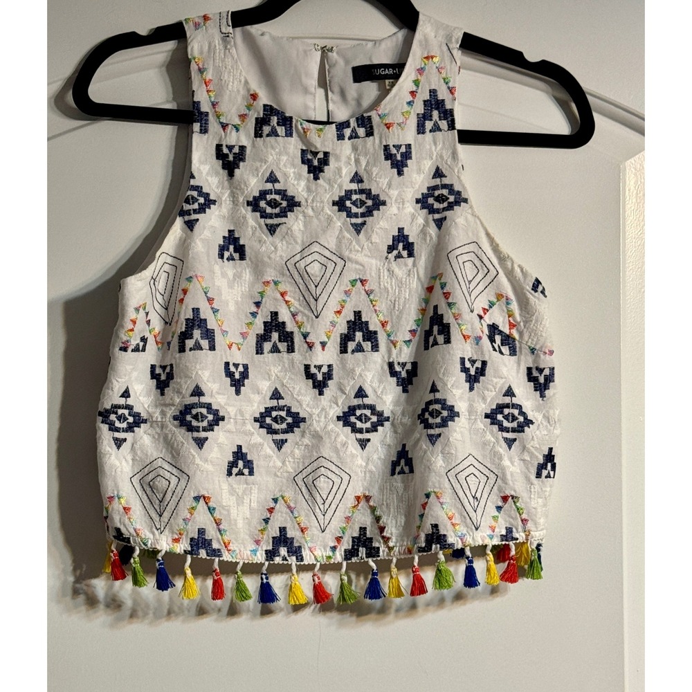 Sugar + Lips Crop Top Womens XS White Multi Embroidered Tassel Boho